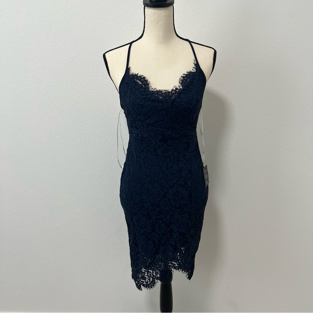 Lulus Flirting with Desire Navy Blue Lace Bodycon Dress, size Small